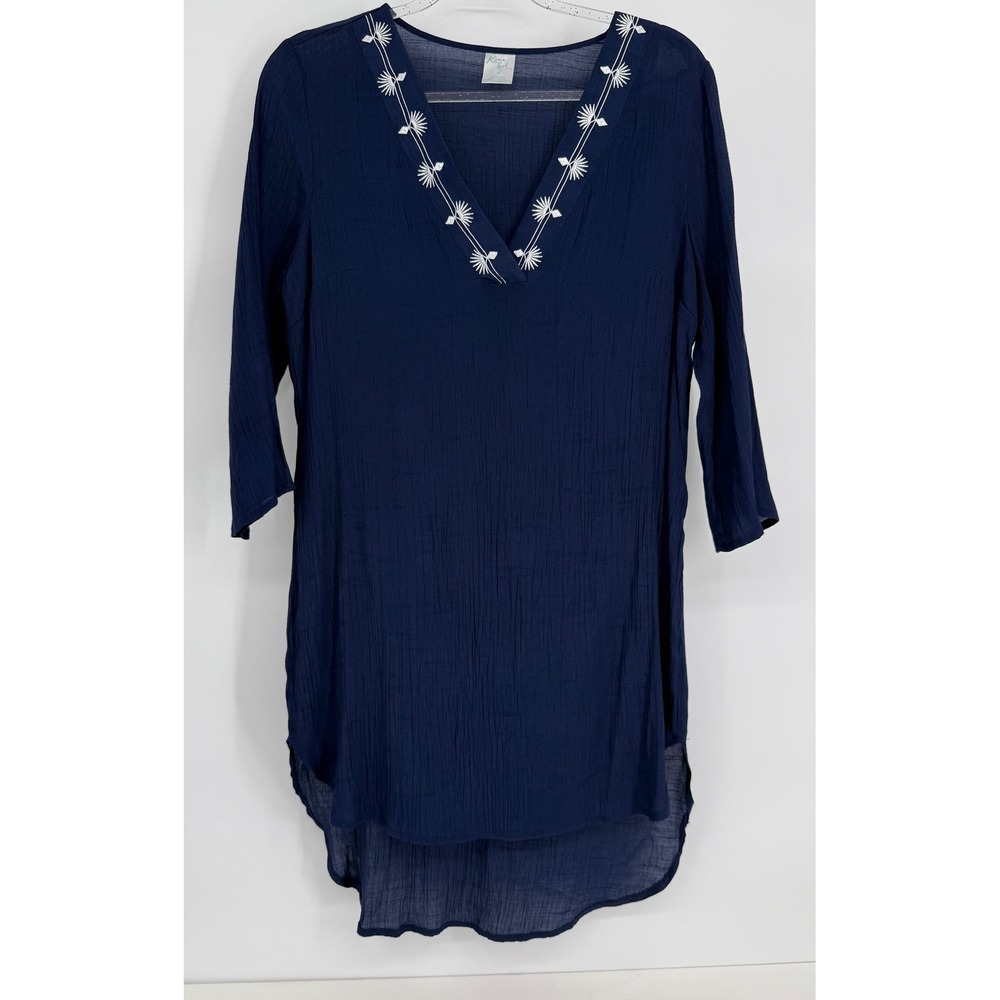 Kona Sol Navy Blue Crinkle Gauze Embroidered V-Neck Swim Cover Up Dress Sz M